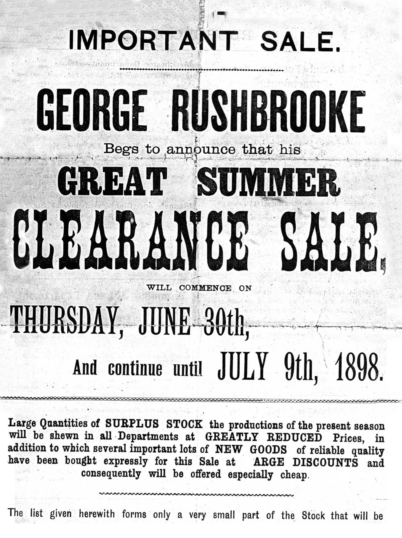 G Rushbrookes Clearance Sale poster - Ampthill Antiques Emporium